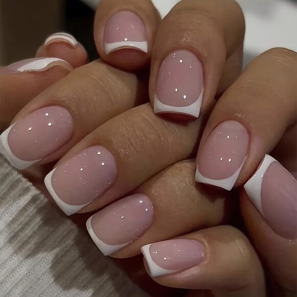 Short Square Press On Nails, French Tip Fake Nails, Full Cover False Nails - Picture 1 of 5